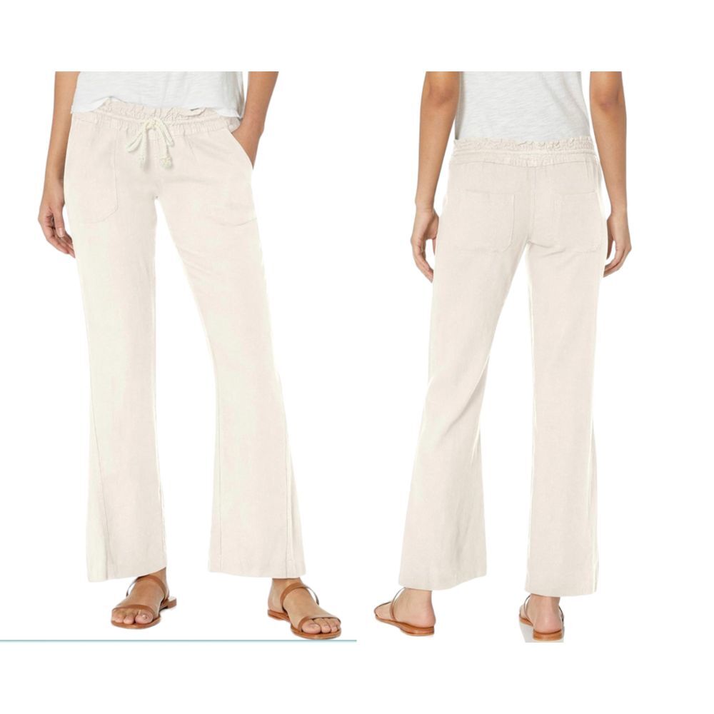 Roxy Women's Oceanside Board Riders Beach Pants Size‎ L Cream Beige Linen Blend
